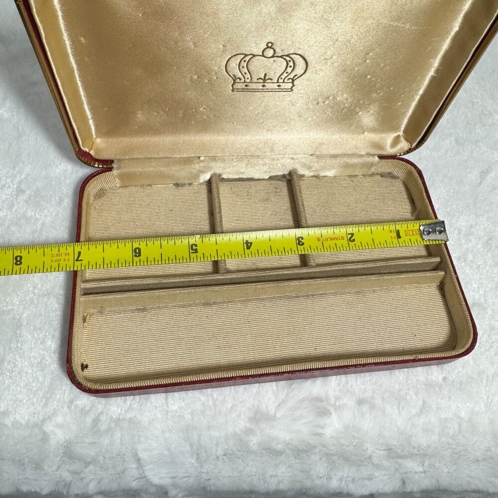 Vintage Red Leatherette Jewelry Box Red With Gold Crowns Horse Heads And Swords - Picture 5 of 7